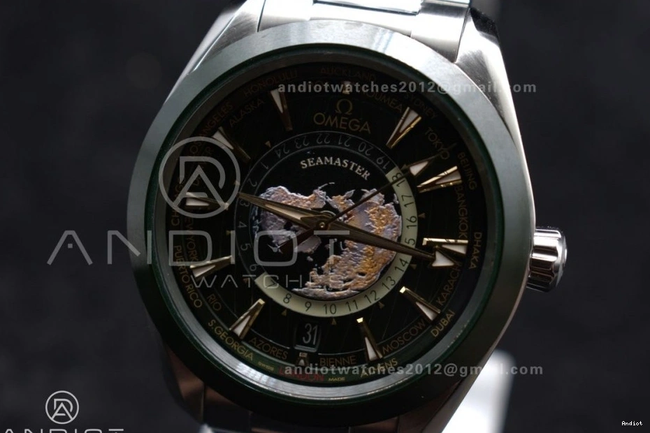 Terra GMT Super Clone Aqua A8938 on Worldtimer Ceramic Green Edition 43mm SS VSF Bracelet Best 1:1 0208